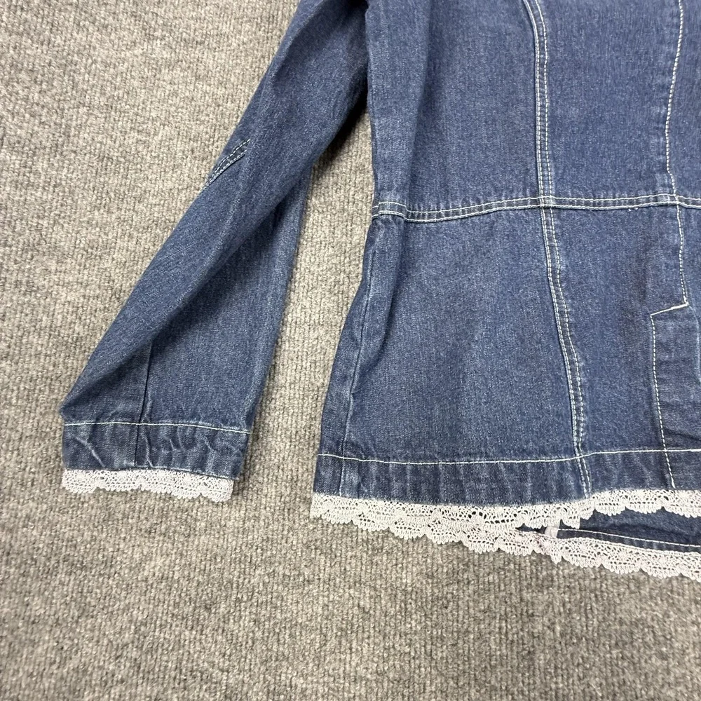 Denim & Co. Blazer Jacket Womens Medium Blue Denim Lace Trim Button Front Boho - Picture 11 of 15